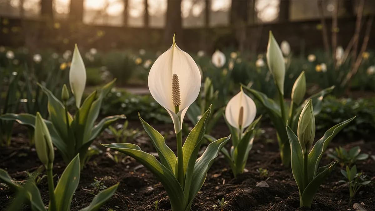 Follaje delgado y similar al de la hierba de la ixia emergiendo a principios de primavera