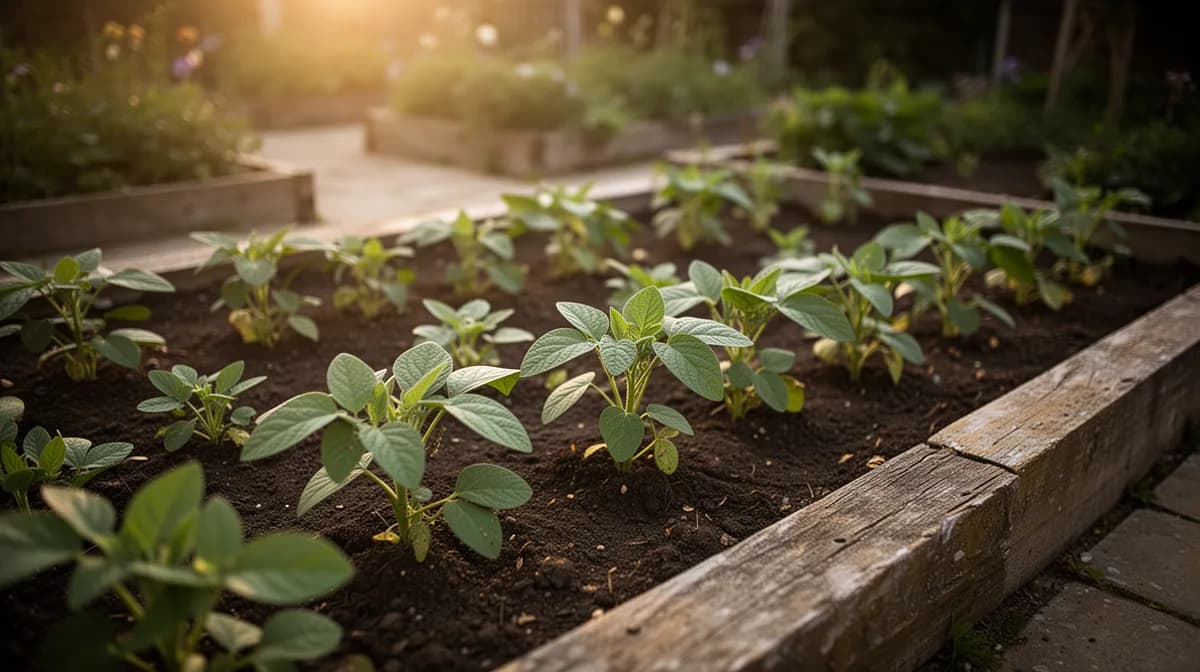 Row of compact kidney bean bush plants growing in a raised garden bed