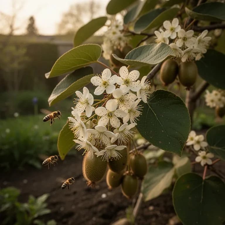 Flor de kiwi dorado con pétalos blancos cremosos y centro prominente