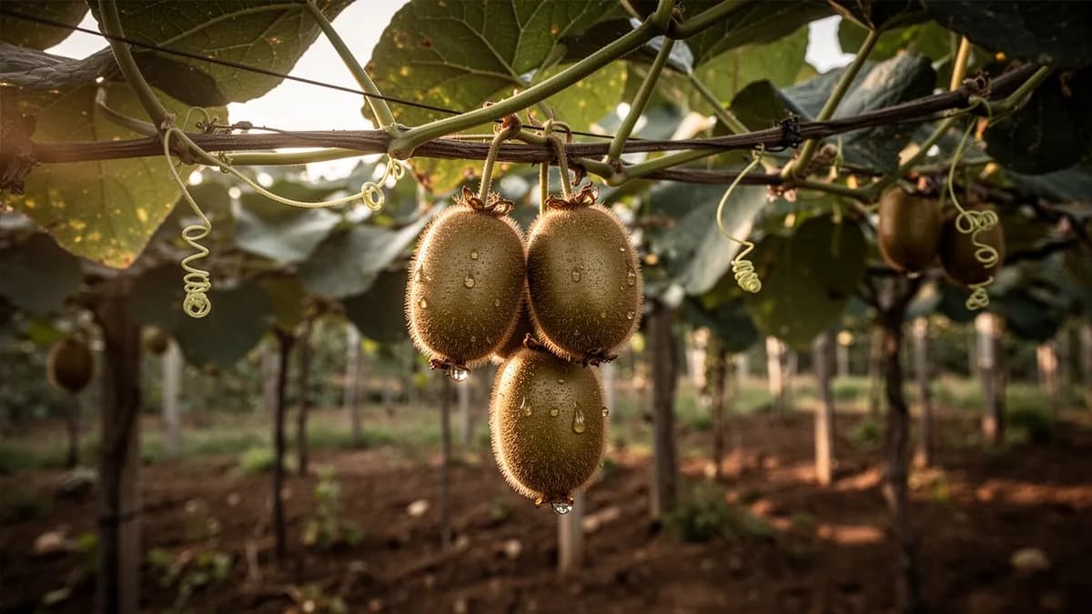 Vid madura de kiwi dorado guiada a lo largo de una pérgola a pleno sol