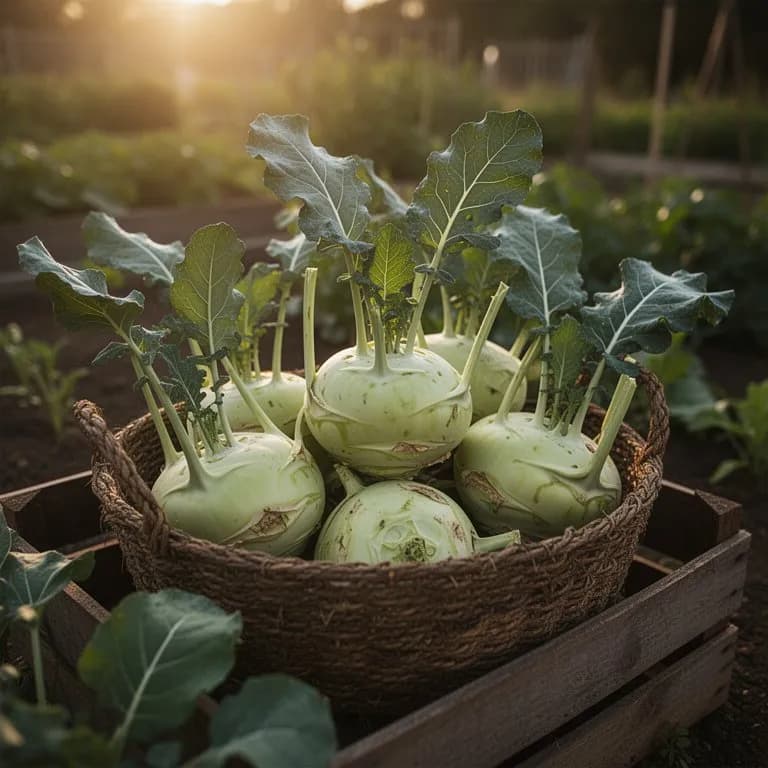 Freshly harvested giant kohlrabi bulbs displayed on a garden table