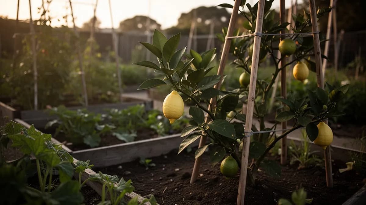 Limonero enano creciendo en una gran maceta de terracota en un patio soleado