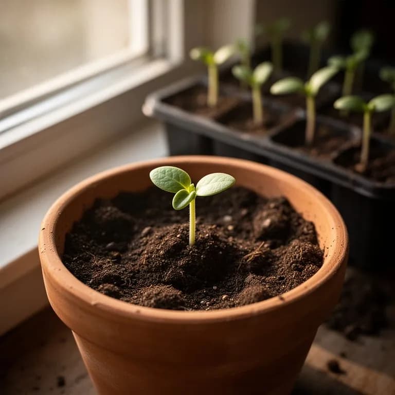 Joven plantón de limonero con hojas verde oscuro y brillantes que emerge de una maceta