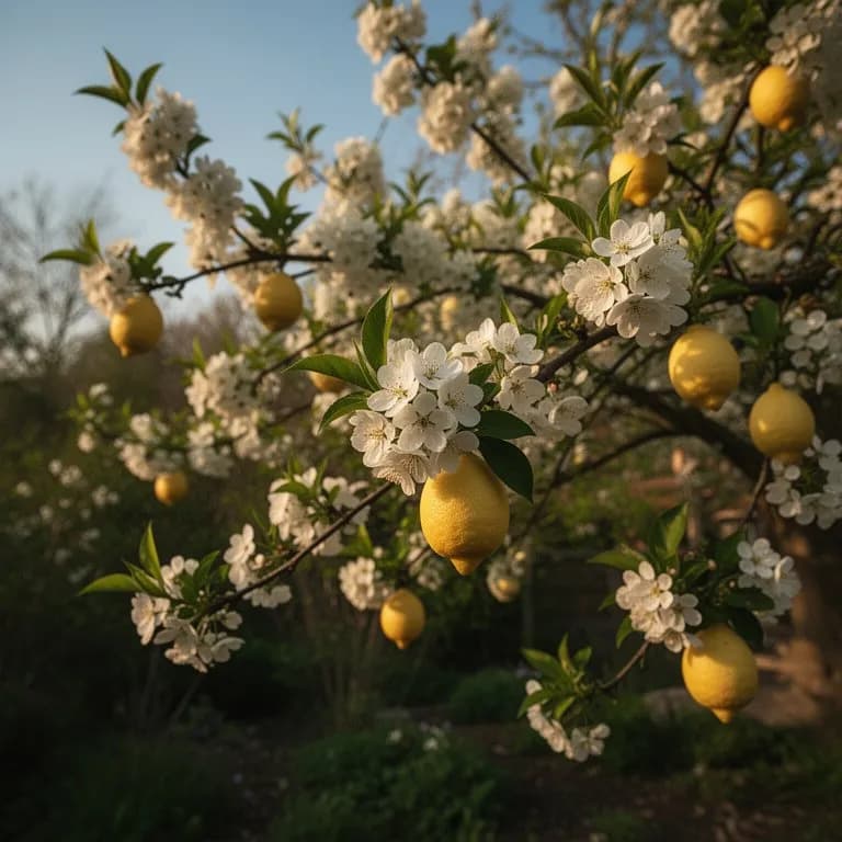 Fragrant white lemon blossoms with purple-tinged buds opening on a branch