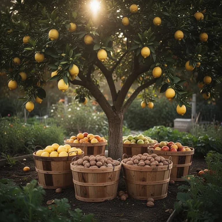 Ripe yellow lemons being hand-picked from the tree into a woven basket