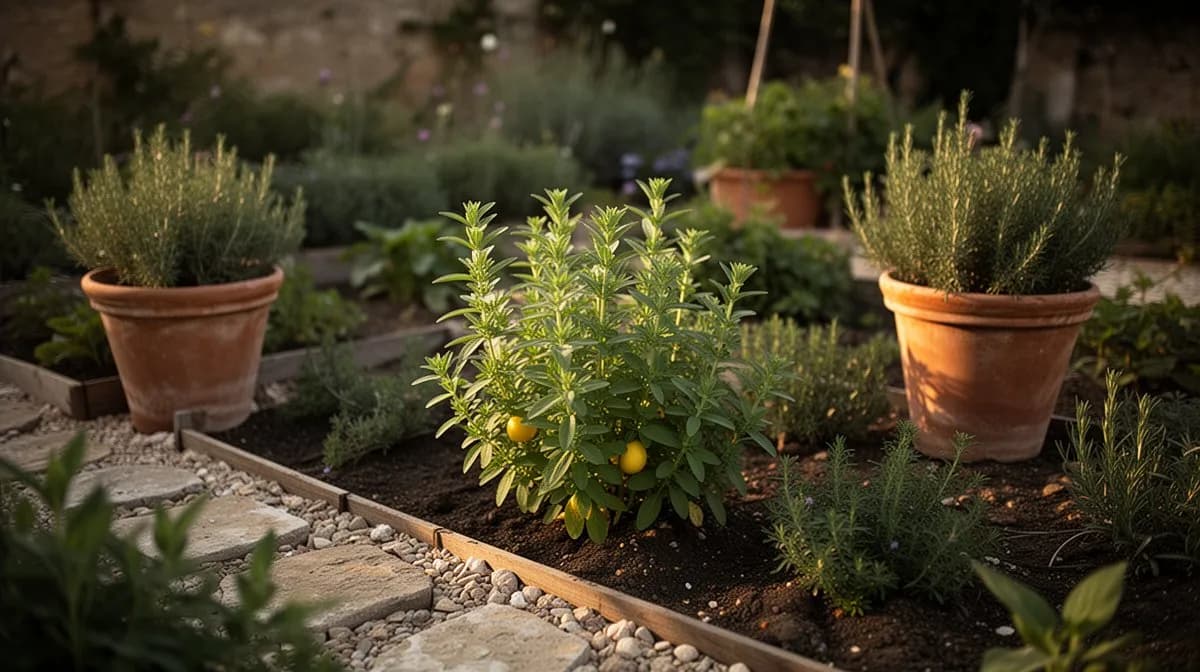 Lemon verbena growing in a large terra cotta pot on a sunny patio