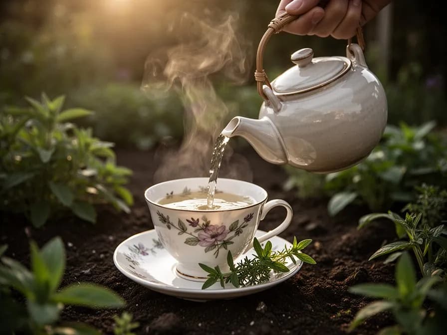 Glass cup of golden lemon verbena herbal tea with fresh leaves