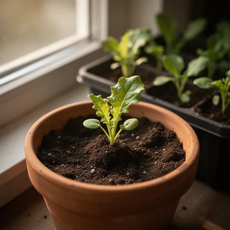 Oak leaf lettuce seedlings with delicate first true leaves emerging from soil