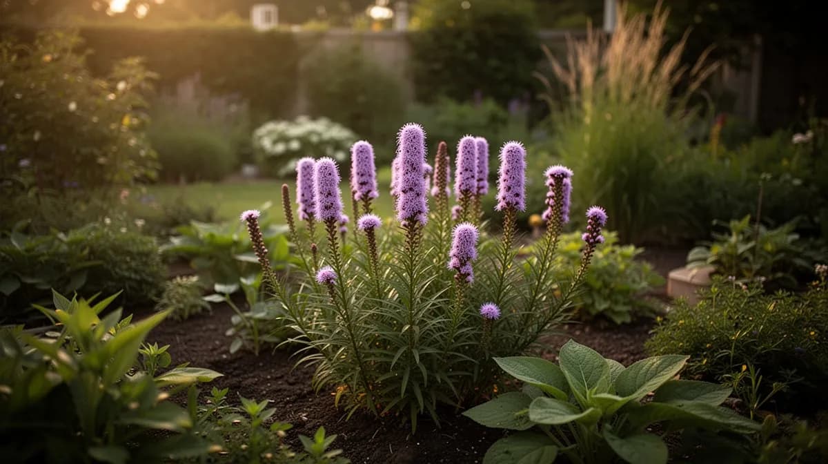 Hilera de plantas de Liatris spicata en plena floracion con vibrantes espigas purpura que atraen mariposas y abejas