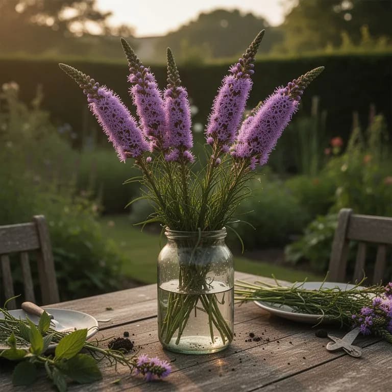 Tallos de Liatris spicata recien cosechados en un cubo de agua mostrando la etapa de corte ideal con los floretes superiores abiertos