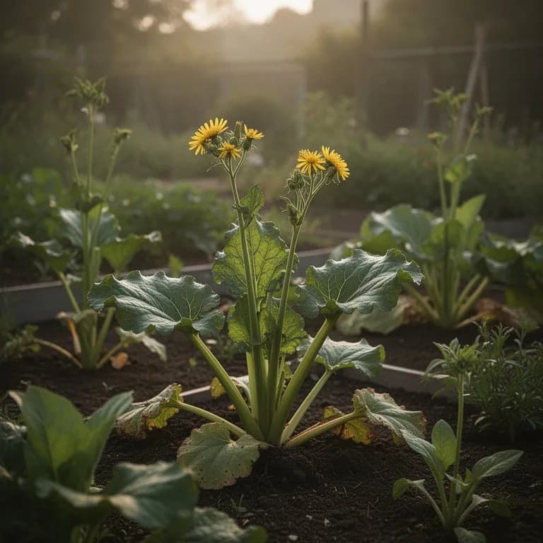 Mature ligularia plant with large dark green kidney-shaped leaves