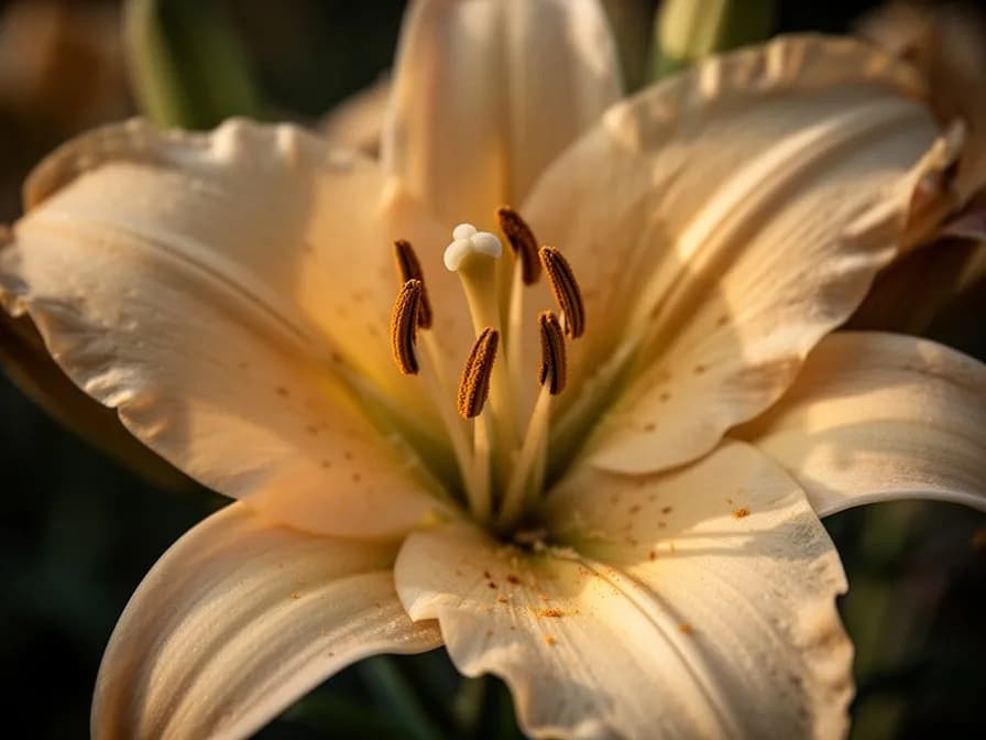 Large white trumpet lily with flared petals and golden anthers releasing pollen