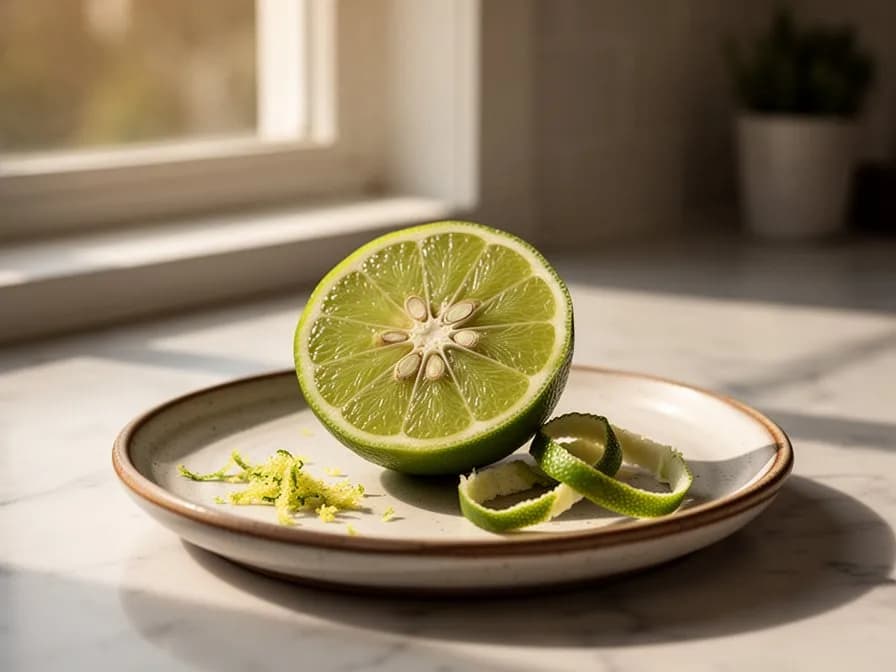 Halved limes on a wooden cutting board showing the juicy pale-green interior