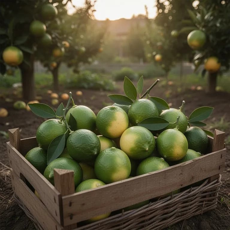Hands harvesting ripe limes from a branch using small pruning snips