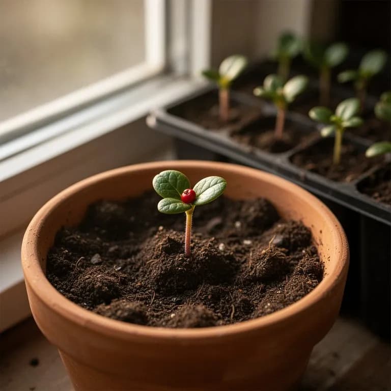 Planta joven de arándano rojo nórdico con pequeñas hojas ovaladas en una maceta de vivero