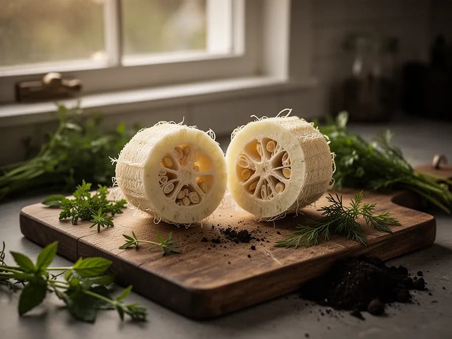 Dried and peeled luffa sponge showing the intricate natural fiber network