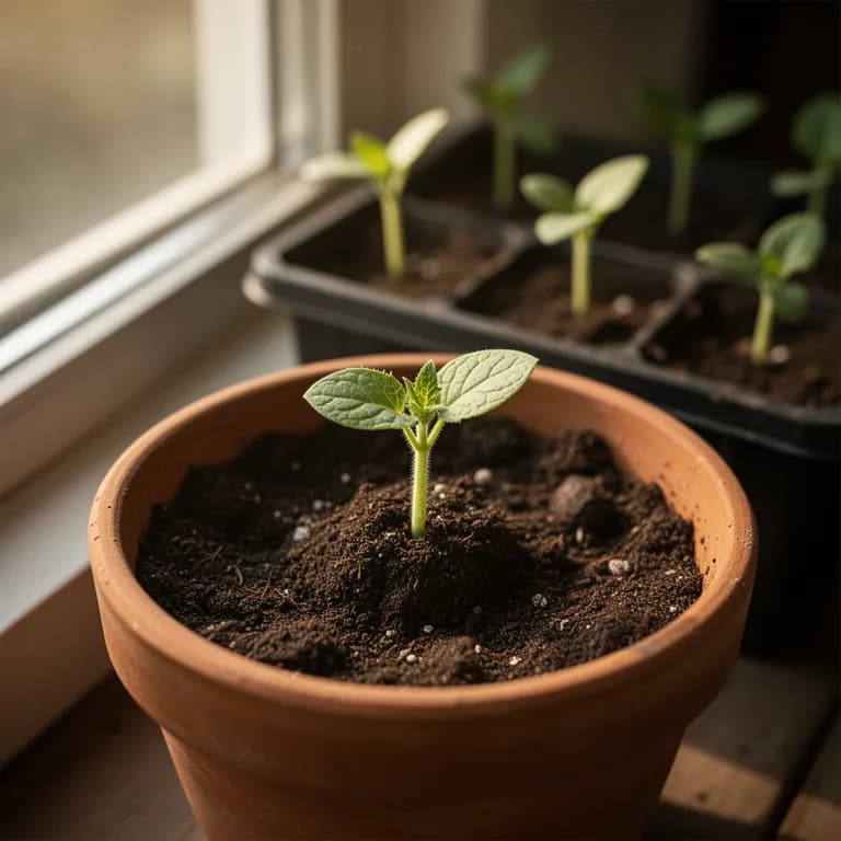 Young luffa seedling with broad heart-shaped cotyledon leaves emerging from warm soil