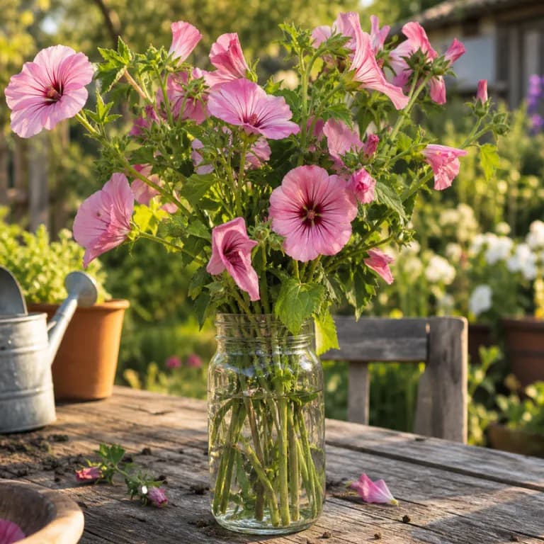 Freshly cut malope stems in a vase
