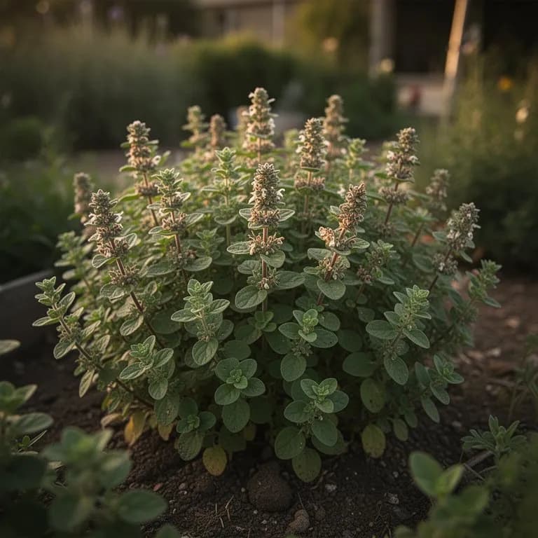 Arbusto maduro de orégano mexicano con denso follaje aromático en un jardín soleado