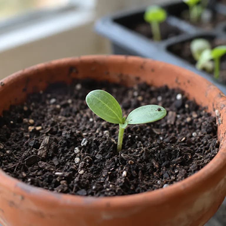 Common milkweed seedling with rounded opposite cotyledons and first true leaves emerging from spring soil