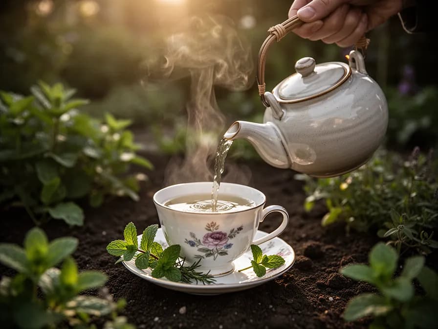 Fresh mint leaves steeping in a glass teapot with golden sunlight