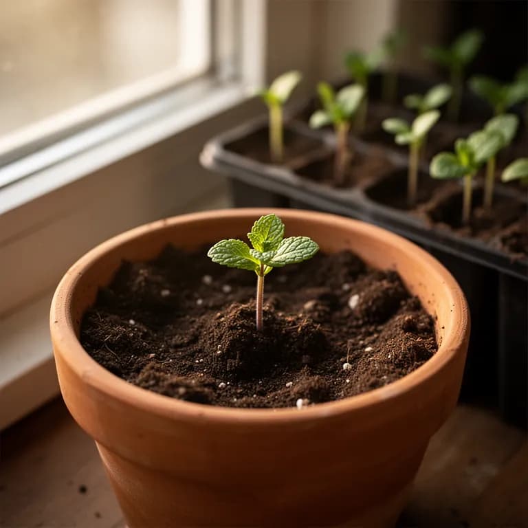 Young mint seedlings emerging from moist soil with first true leaves visible