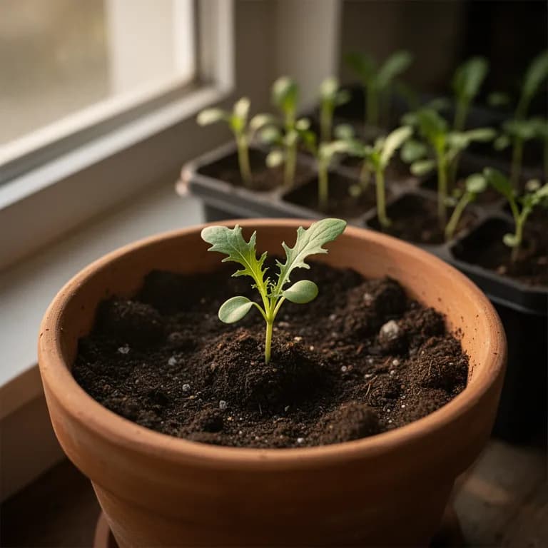 Mizuna seedlings with slender cotyledons emerging from moist soil