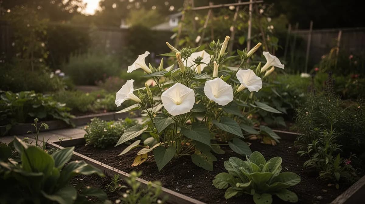 Moonflower vine growing over an arbor with blooms glowing in twilight