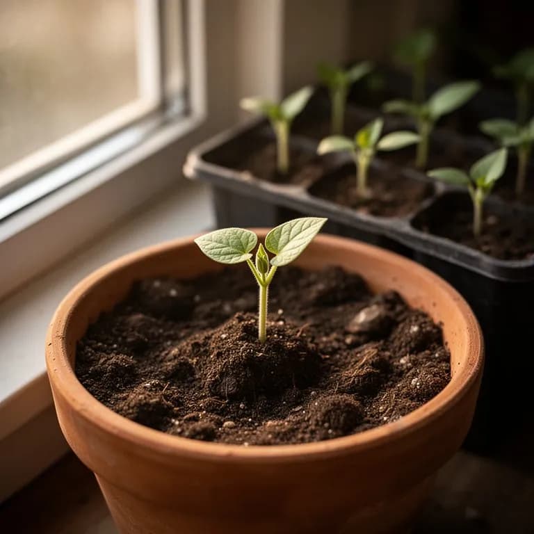 Moonflower seedlings with heart-shaped cotyledons emerging from soil
