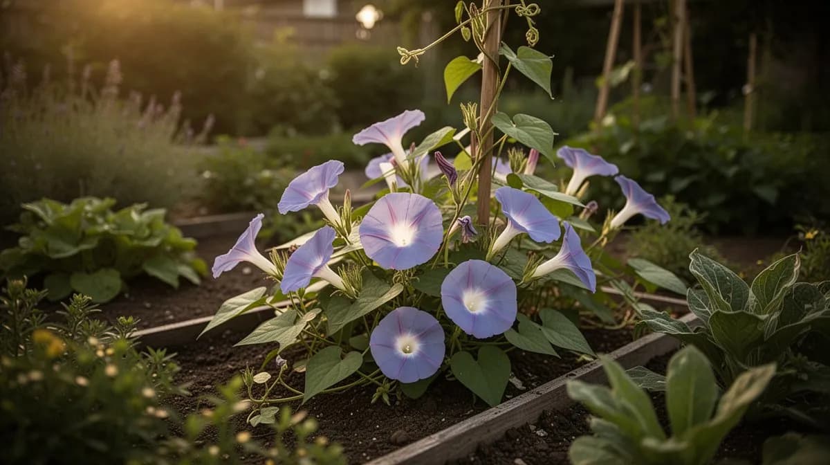Morning glory covering a garden wall with dense foliage and flowers