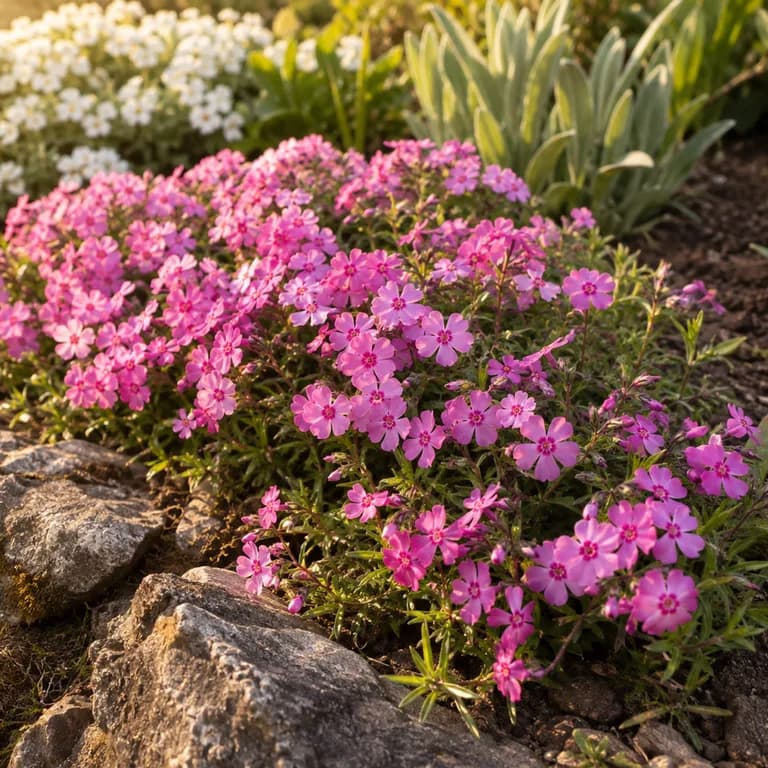 Established moss phlox mat being sheared back with hedge shears just after flowering