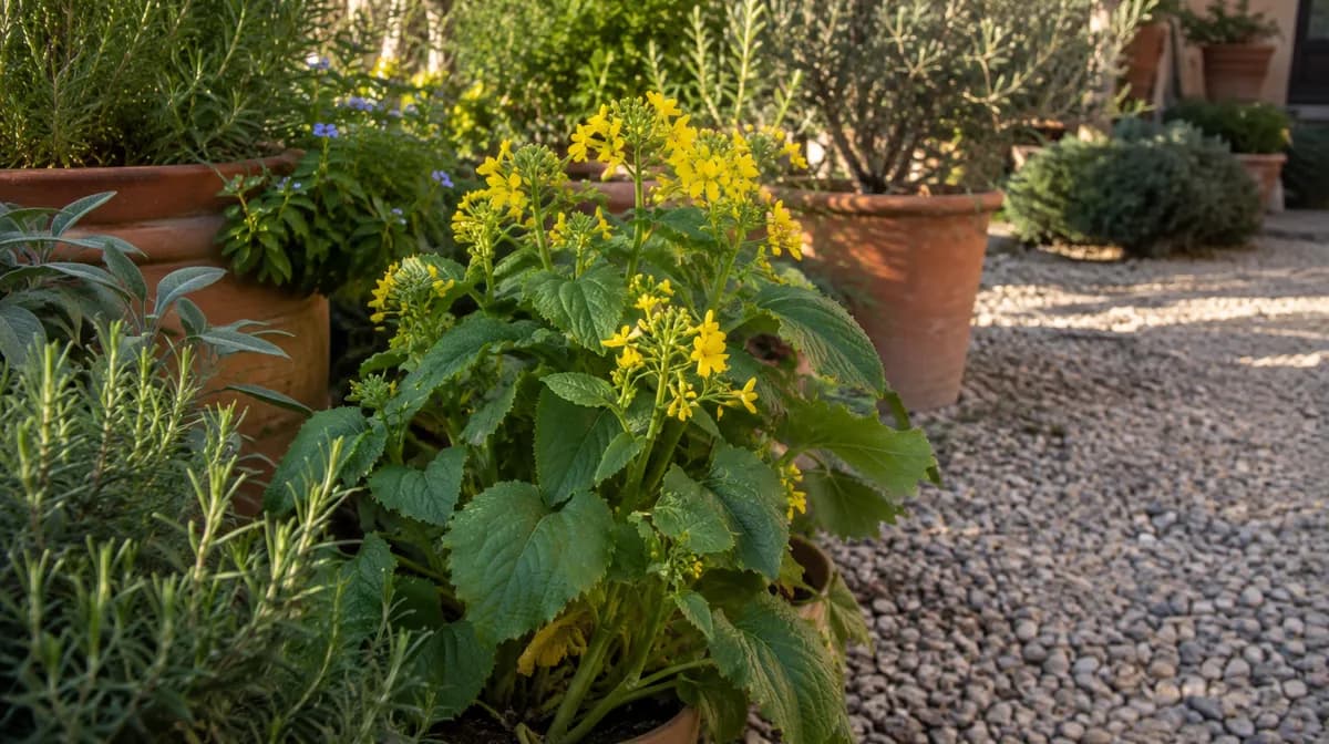 Ein sonniges Gartenbeet mit Gelbsenf in voller Blüte zwischen Reihen von Erbsen und Zwiebeln