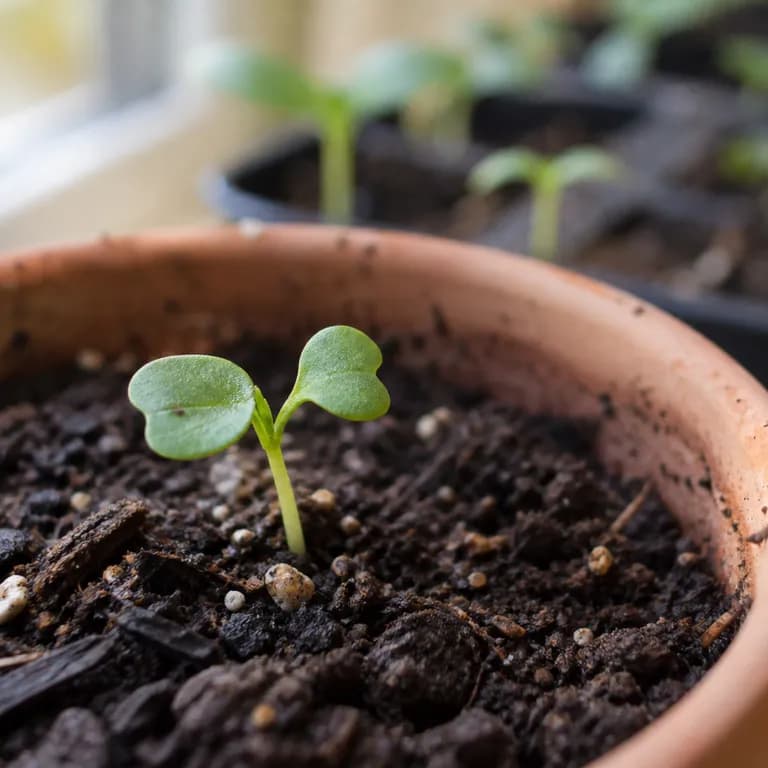 Gelbsenf-Keimlinge mit herzförmigen Keimblättern und ersten gezähnten echten Blättern in einer Gartenreihe