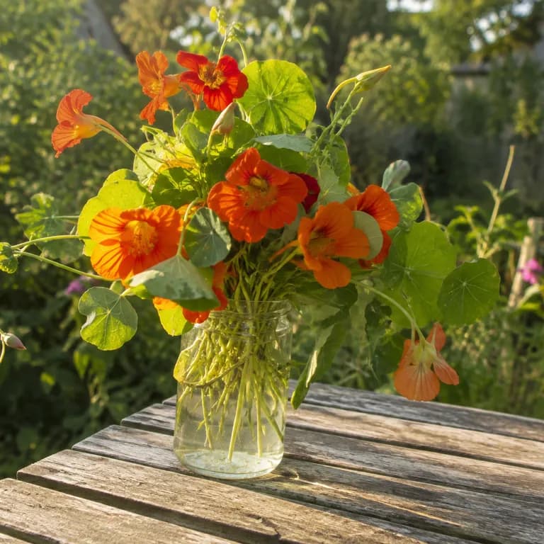 Frisch gepflückte Kapuzinerkresse-Blüten, -Blätter und grüne Samenkapseln in einer Schüssel