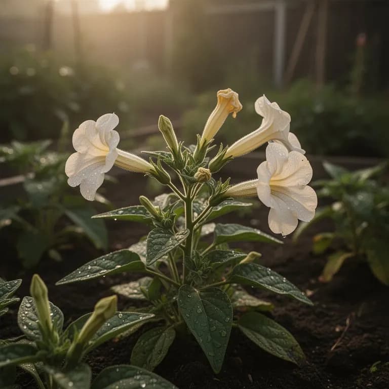 Pure white nicotiana flowers glowing in the twilight garden