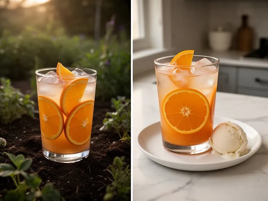 Glass of freshly squeezed orange juice with orange halves beside it