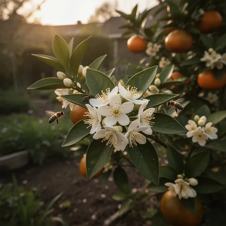 Racimos de pequeñas flores blancas de mandarina con estambres amarillos en una rama
