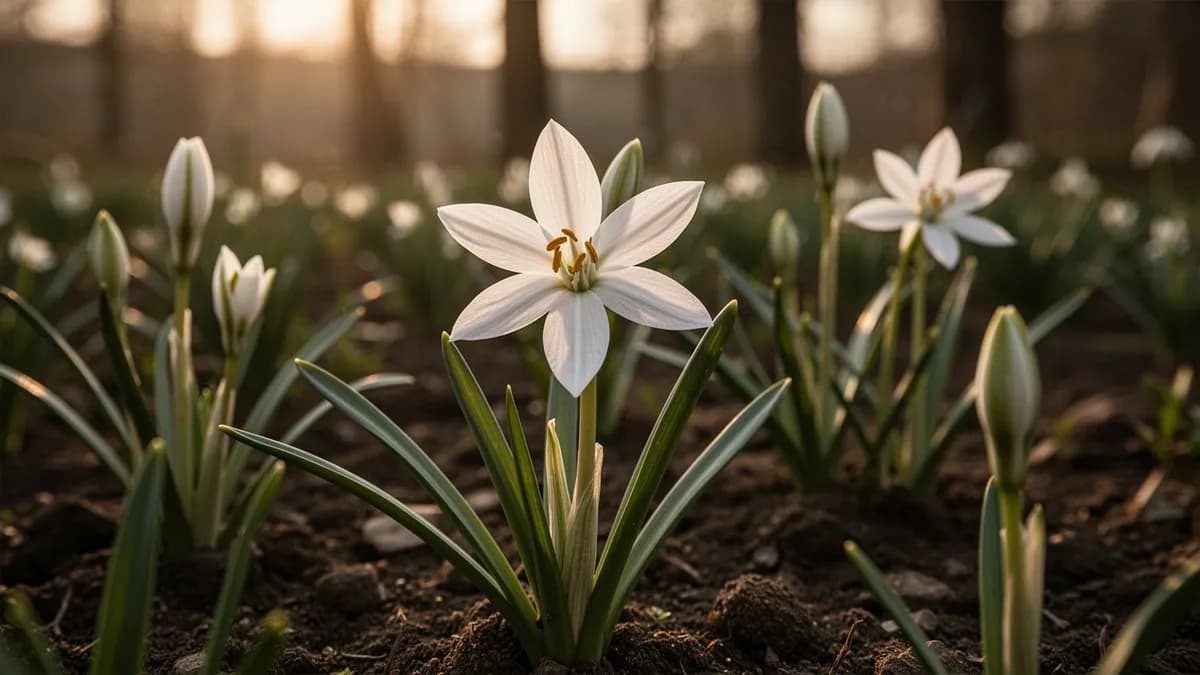 Bulbos de ornithogalum listos para plantar con su pequeña forma redonda y túnicas papiráceas