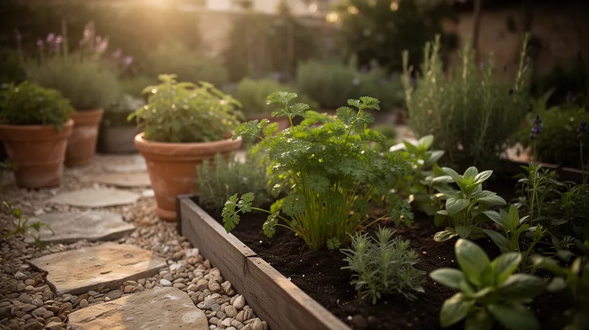Petersilie wächst neben Tomaten und Rosen in einem Gartenbeet