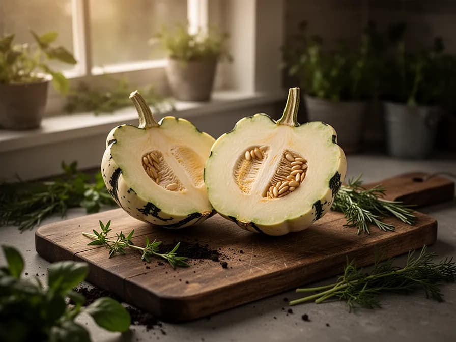 Halved patty pan squash showing creamy flesh and small seeds