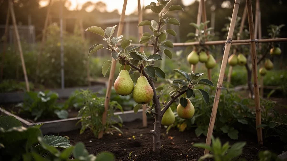 Pear tree trained in an espalier pattern against a sunny garden wall