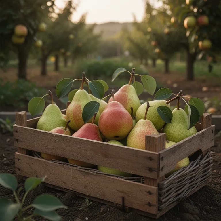 Gardener hand-picking ripe pears from a mature tree into a basket