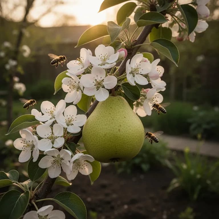 Delicadas flores blancas de peral Comice en plena floración primaveral
