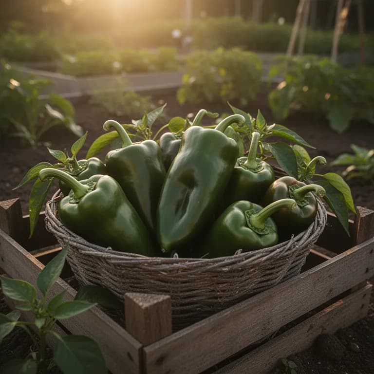 Korb voller frisch geernteter grüner Anaheim-Chilis aus dem Garten