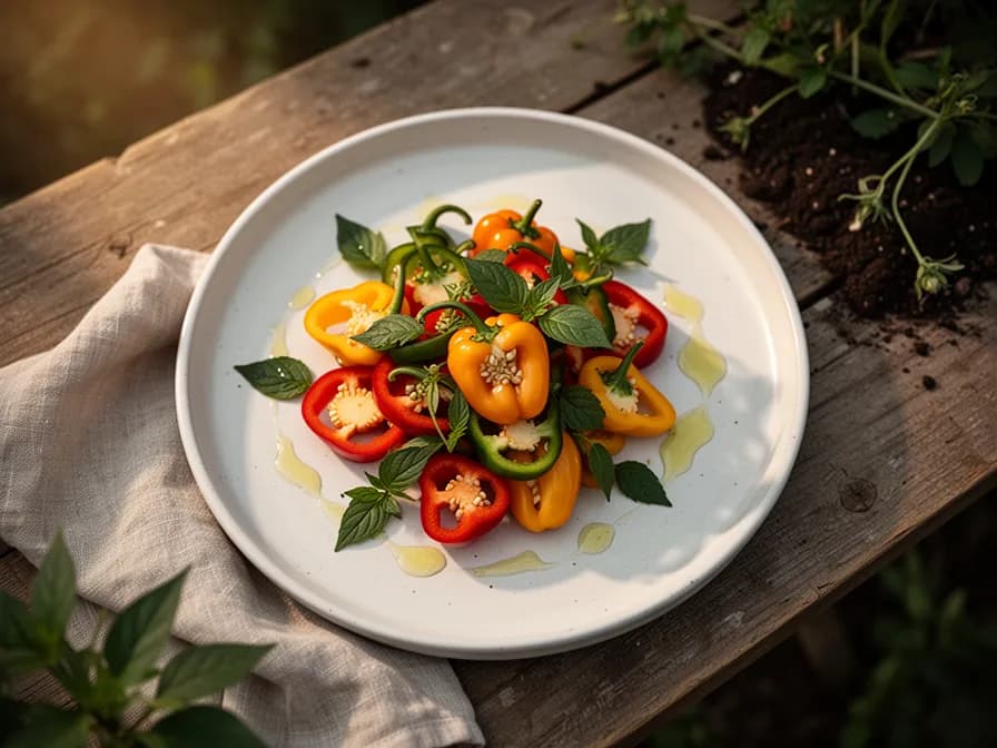 Selbstgemachte Habanero-Scharfsoße in einer Glasflasche mit frischen Chilis und Mango