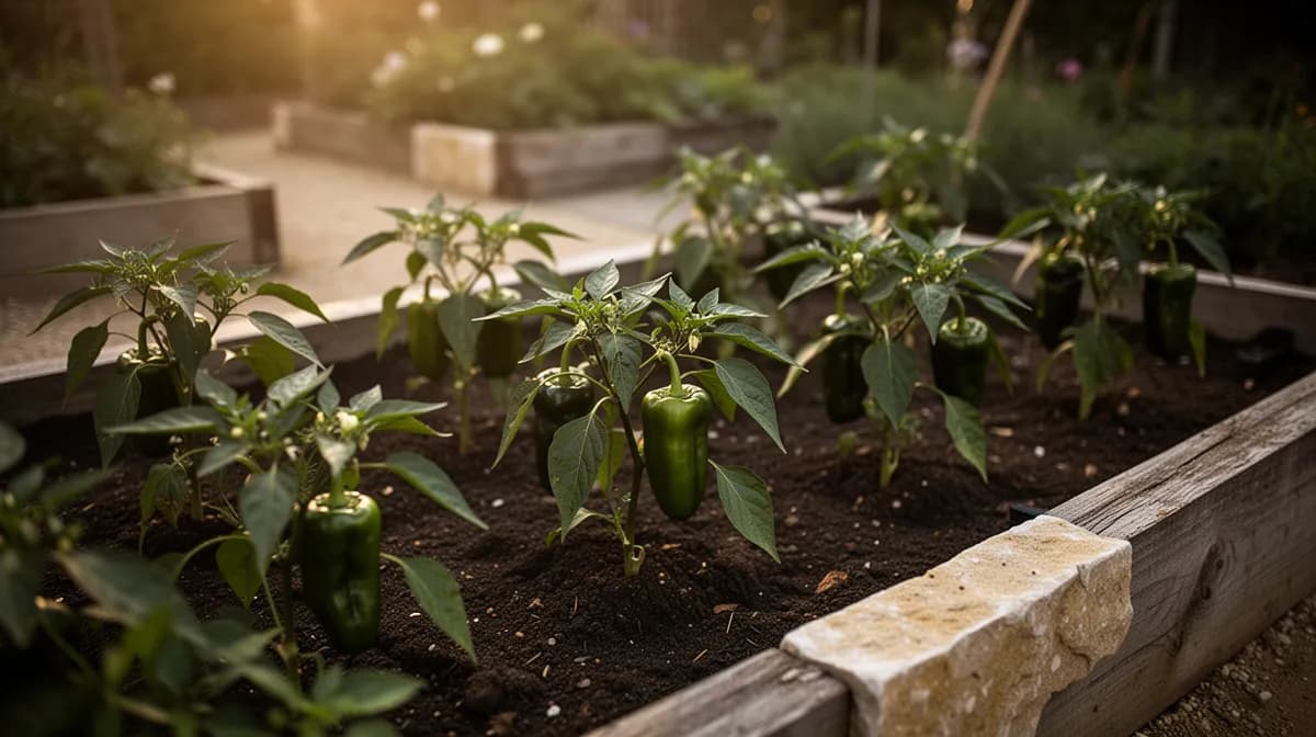 Bushy Padron pepper plants growing in a sunny raised bed garden