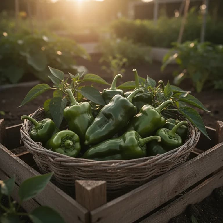 Freshly harvested Padron peppers piled in a terracotta bowl
