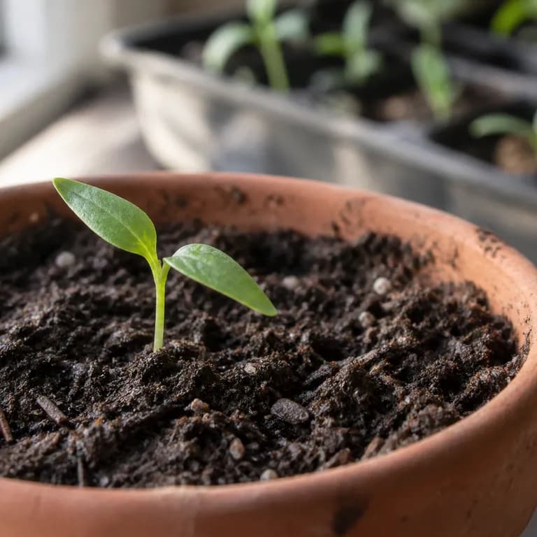 Junger Pepperoncini-Sämling mit schmalen Keimblättern in der Anzuchtschale
