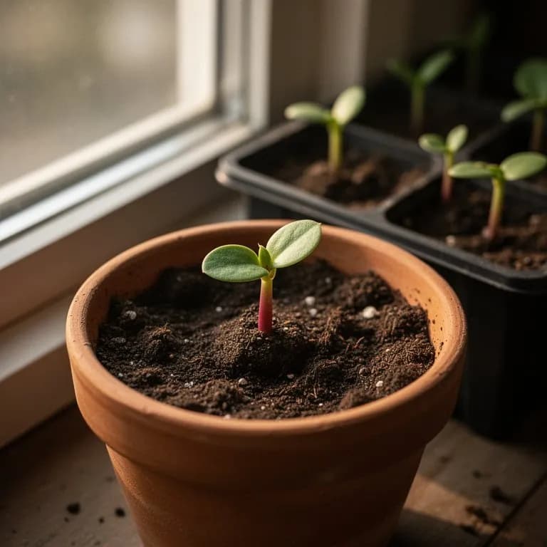 Red dragon fruit seedling emerging from a cutting