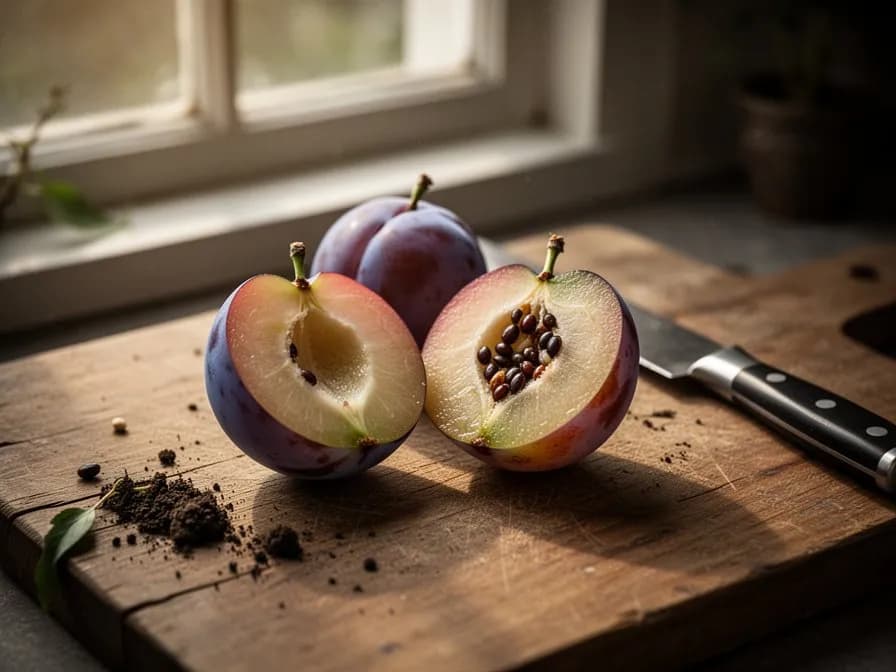 Dried plums or prunes arranged on a wooden board